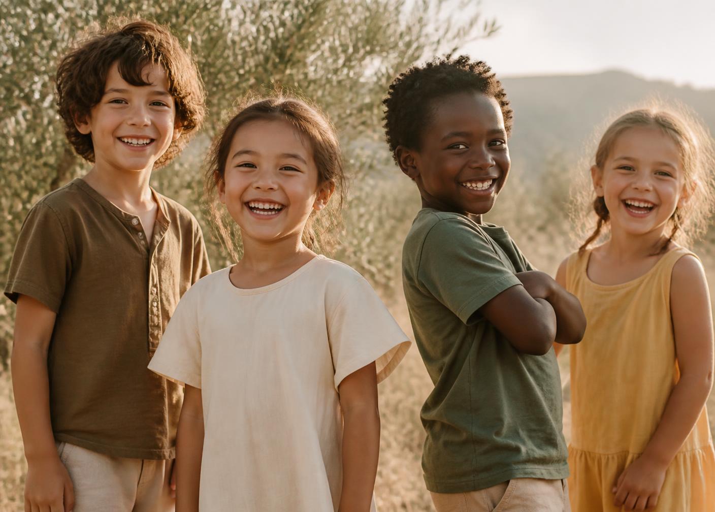 Four children laughing together outdoors in warm afternoon light