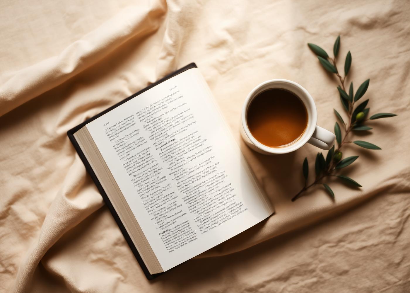 An open Bible beside a warm cup of coffee and an olive branch on linen